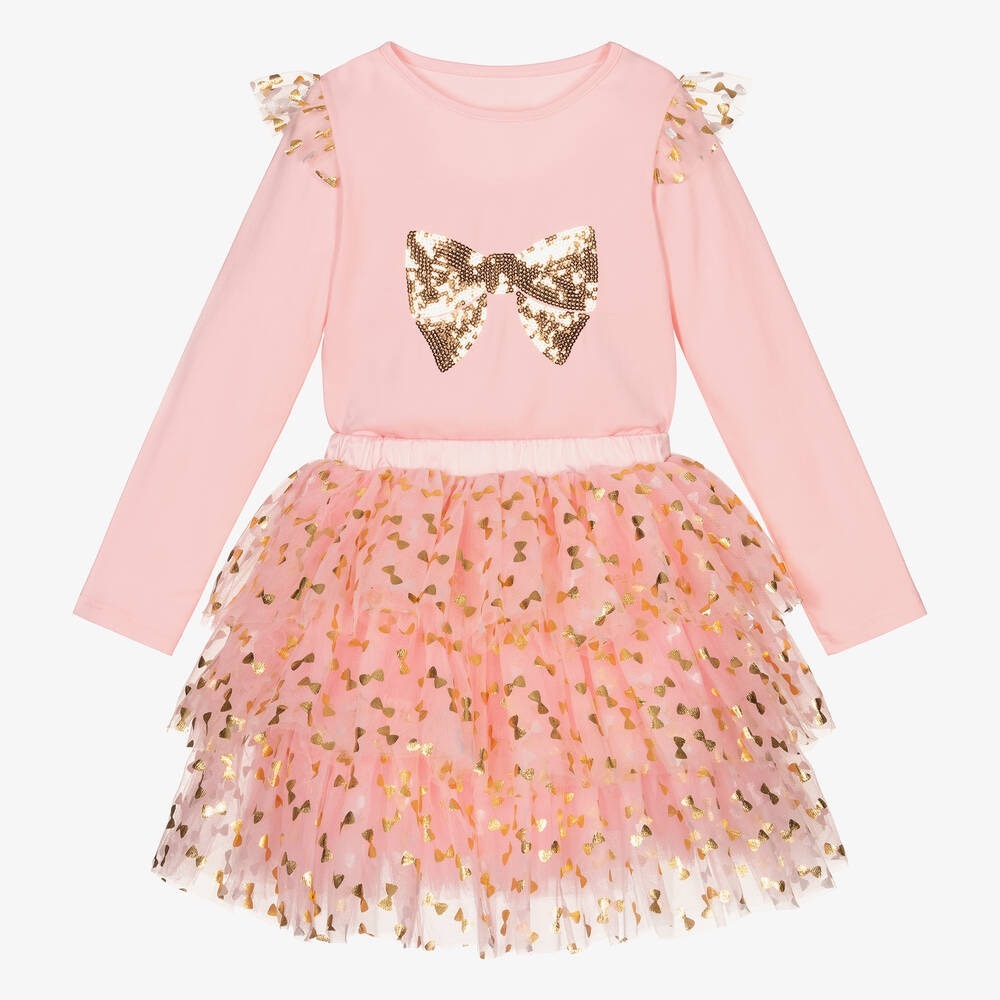 Rachel Riley Pink and Gold Bow Tulle Tutu Set